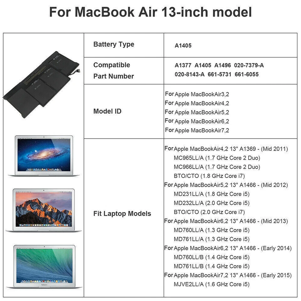 Lote Batería A1466 para MacBook Air 13 A1369 A1496 A1405 A1377 2013 2014 2015 2017 Foto 2 de 4