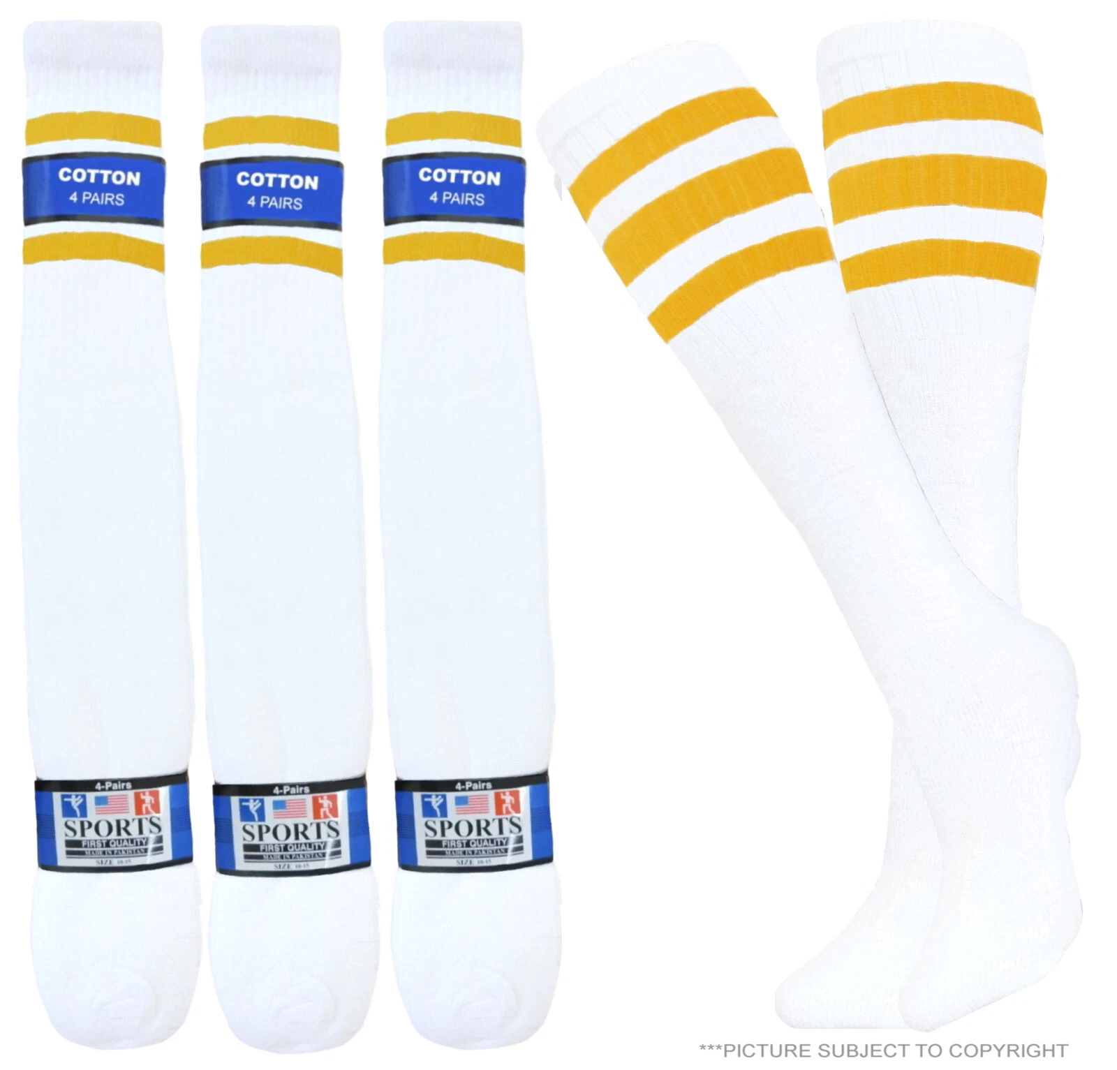 12 PAIRS TUBE SOCKS OLD SCHOOL COTTON YELLOW STRIPE 22 INCHES SPORTS SOCKS
