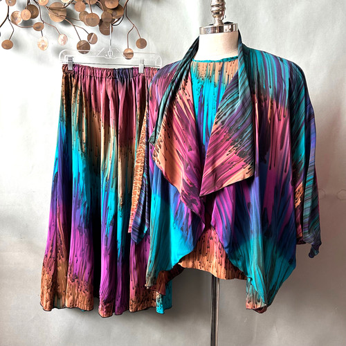Leeanne Original Hand Painted Silk 3pc Ensemble Jacket Skirt Tunic L XL Summery