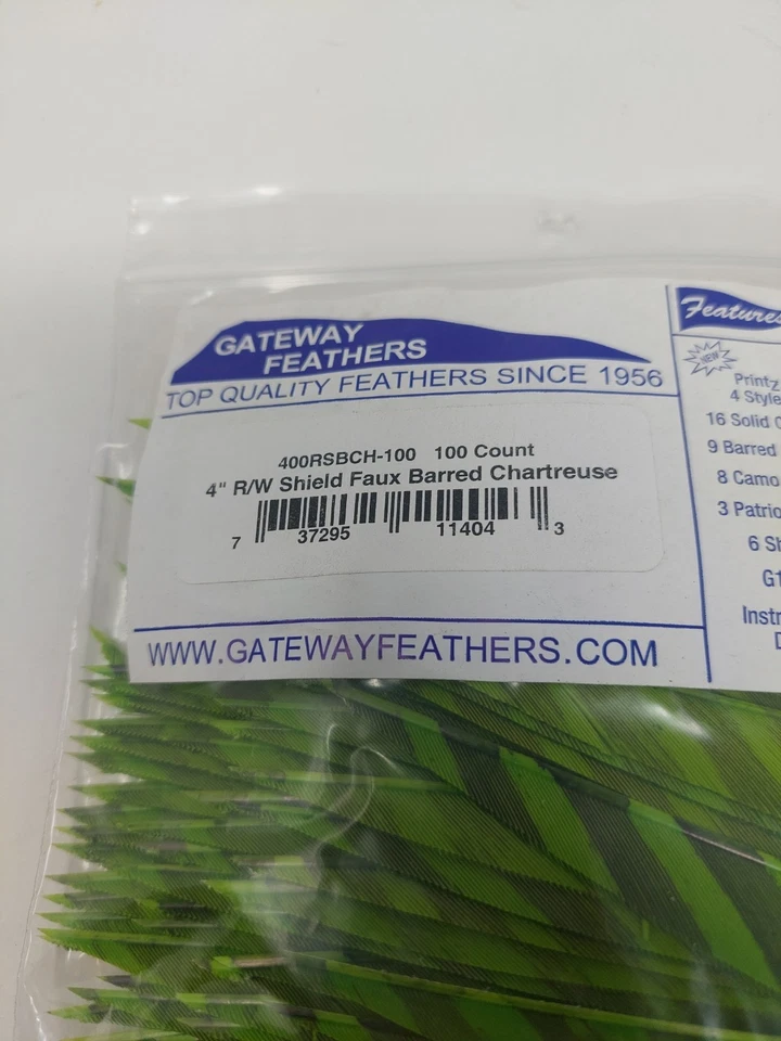 100 Pack Gateway Feathers 4" Right Wing: Shield Barred Chartreuse 400RSBCH - Image 2 of 3