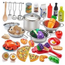 Pretend Play Accessories - 52pc Kids Kitchen Playset with Play Food, Stainless