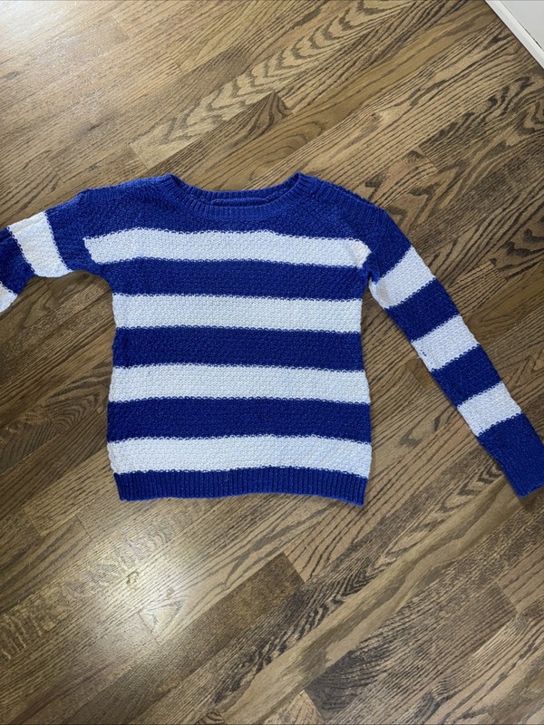 Justice Glittery Blue & White Striped Cold Shoulder Sweater Girl's Size 14 Blend