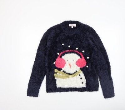 Next Damen Pullover blau Weihnachten Schneemann Größe 8 Pulli Strick