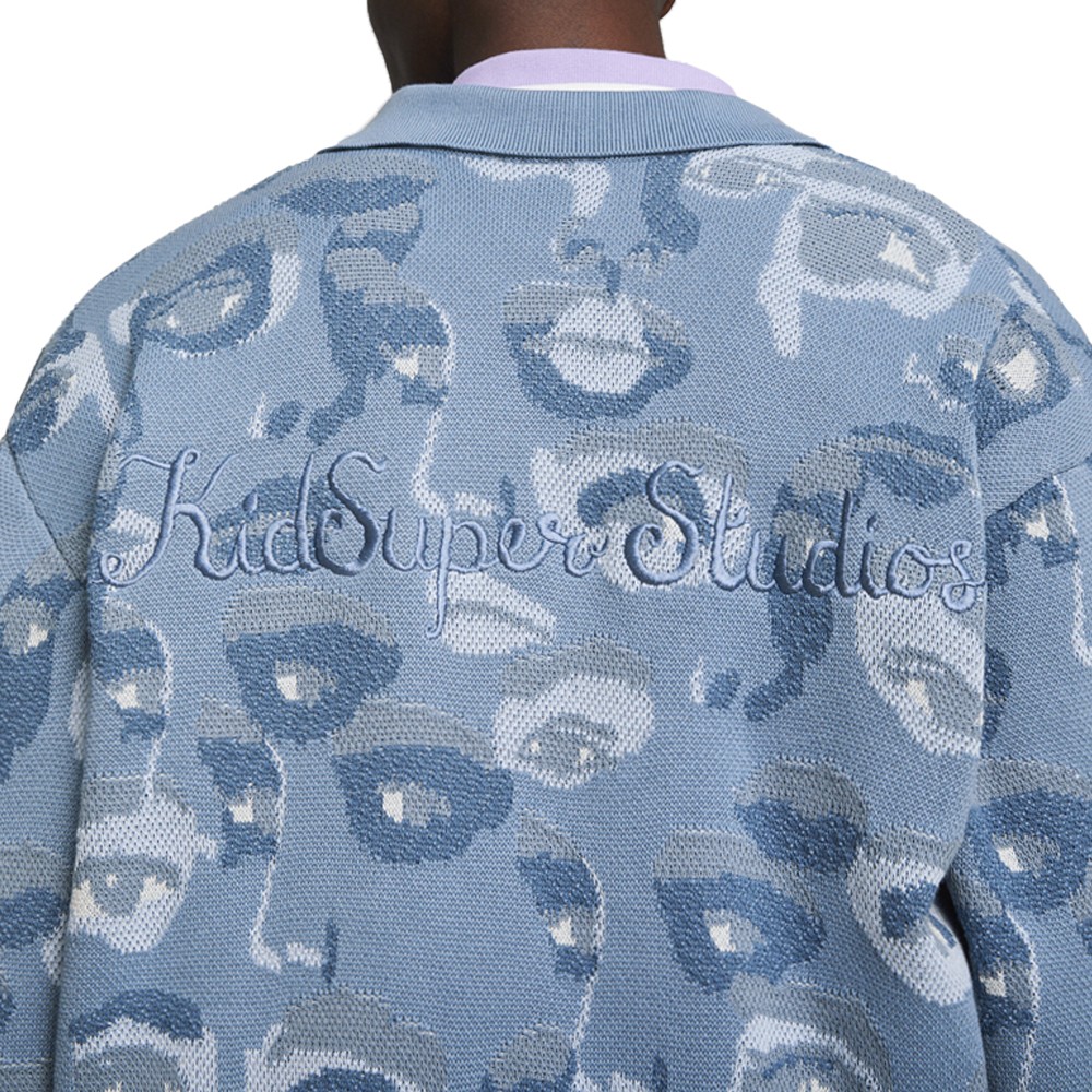 PUMA  X Kidsuper Graphic Collared Long Sleeve Cardigan Sweater Mens Blue Casual