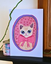 Original Cat Painting A4 Gouache Illustration Pink Bow Kitsch Coquette Wall Art