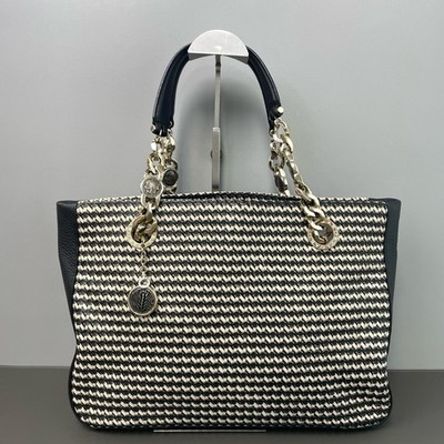 Versace Black & White Woven Leather Medusa Coin Charm Chain Tote Bag Authentic