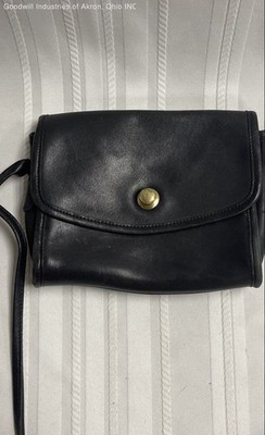 Vintage 90s Coach Black Leather Small Flap Crossbody Bag Brass