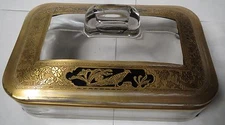 GLASS COVERED DISH WITH GOLD DETAIL