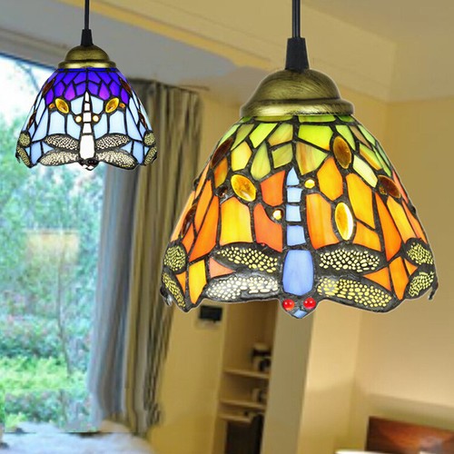 Stained Glass Tiffany Style Hanging Pendant Lamp Ceiling Light Dragonfly Pattern - Picture 1 of 9