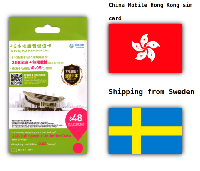 China Mobile Hong Kong sim card with +852 phone number *Requires registration