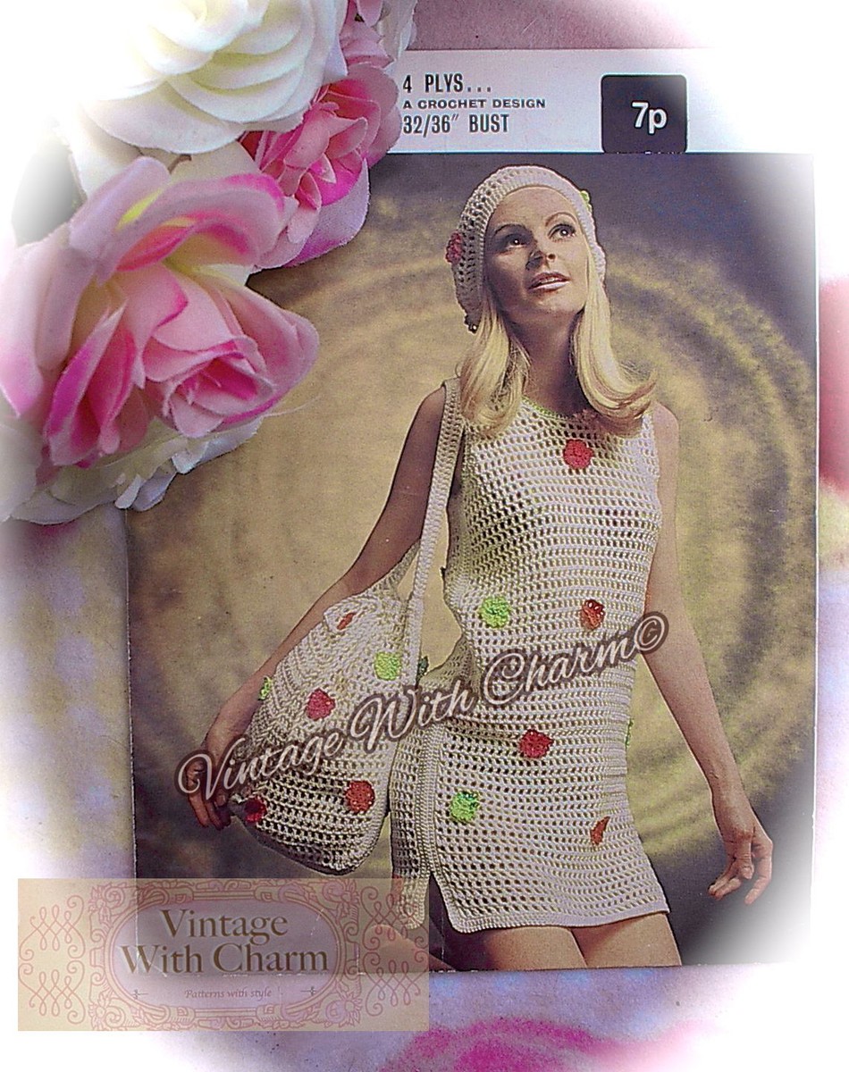 Vintage Crochet Pattern Lady's Beach Dress, Beret & Bag FREE UK P&P | eBay