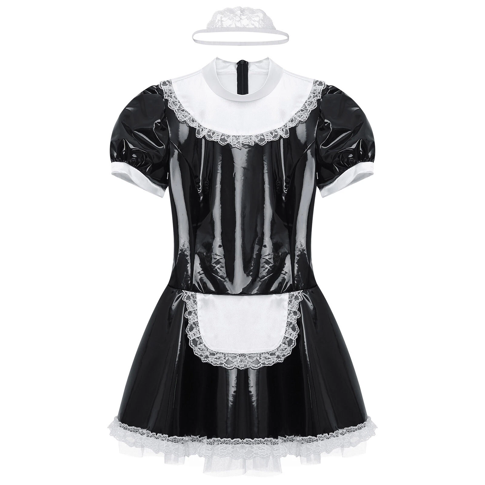 VALENTINO Costume cosplay da cameriera francese donna vestito pelle PVC lucido e fascia