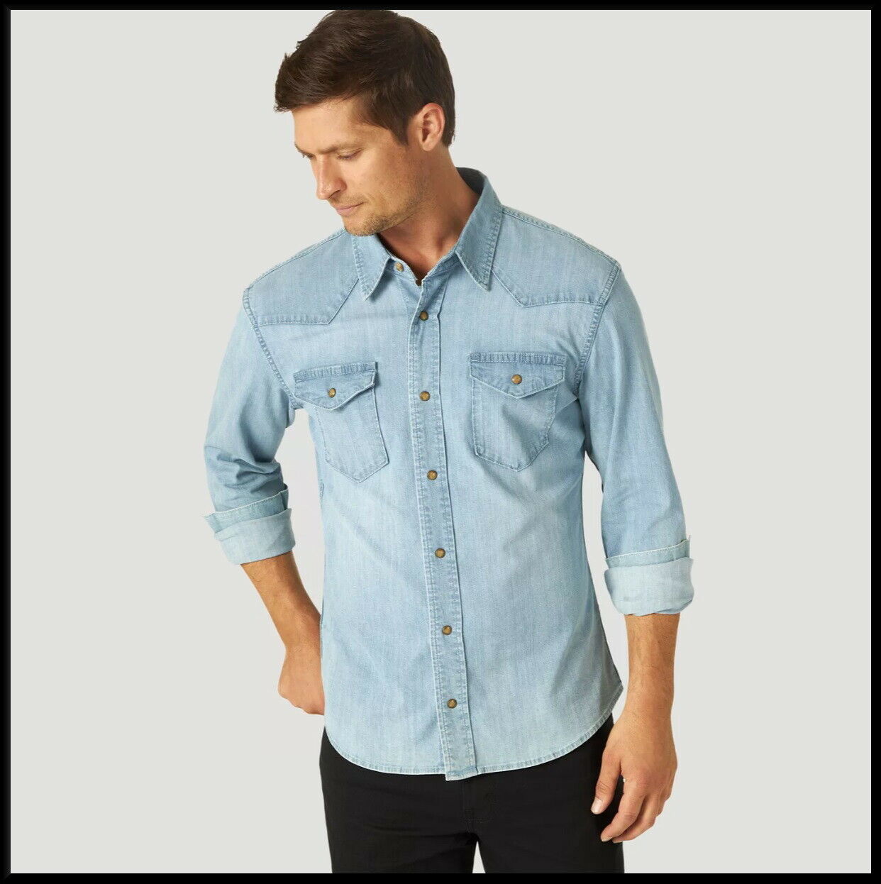 MENS WRANGLER SHIRT DENIM PREMIUM SLIM FIT COMFORT FLEX UNTUCKED LENGTH  WESTERN | eBay