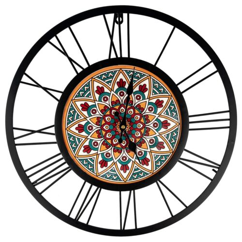 Colorful Mandala Flower 18" Wall Clock  - Black Metal Frame with Roman Numerals - Picture 1 of 2