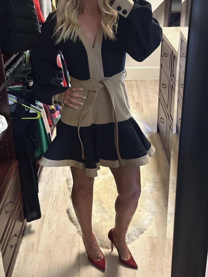 Alexis подпоясанный воздушный шар длинным рукавом мини-платье в черный / желтовато-коричневый Colorblock EUC - Изображение 3 из 4