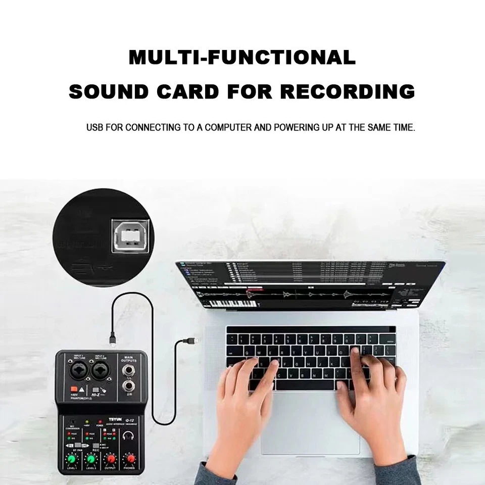 USB Audio Interface for PC Mac Live Guitar Recording Singing Mini Sound Card Q12 - Image 3 of 4