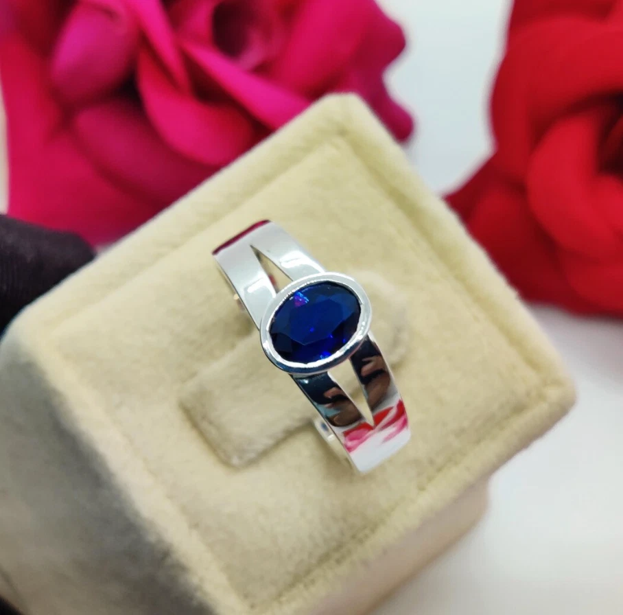 Anillo de zafiro azul natural para niños plata 925 piedra de nacimiento zafiro anillo para hombre Foto 2 de 4