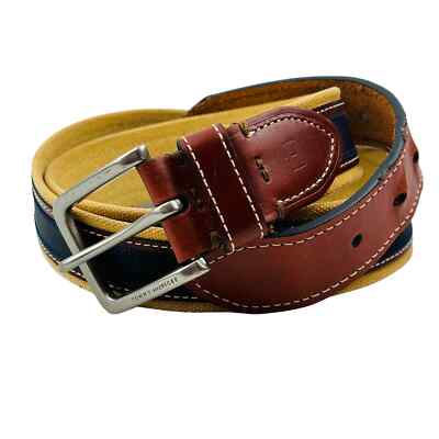 Mens 38 Tommy Hilfiger Ribbon Inlay Belt Harness Buckle Khaki