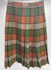 Vintage 100 Wool Plaid Pleated Skirt W/Union Tag Green/Orange