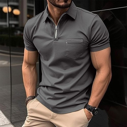 Men Short Sleeve Summer Shirt Business Office Shirt with Zipper Pocket - Picture 5 of 6