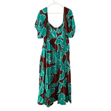 Nine West XXL Teal Rust Abstract Floral Puff Sleeve Smocked Back Maxi Dress