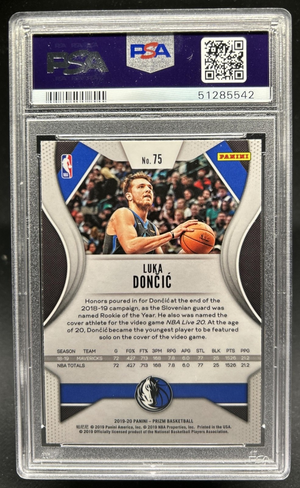 2019-20 Panini Prizm Luka Doncic #75 Mavericks PSA 9 view 2