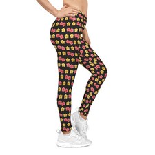 Retro Pink Yellow Flower Pattern Leggings  black background