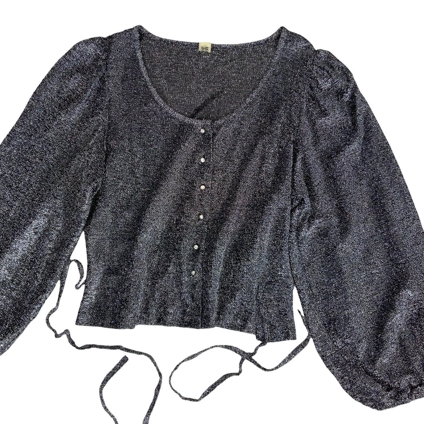 Vintage 70s 80s Silver Lurex Glittery Balloon Sleeve Lace Up Blouse Disco 10