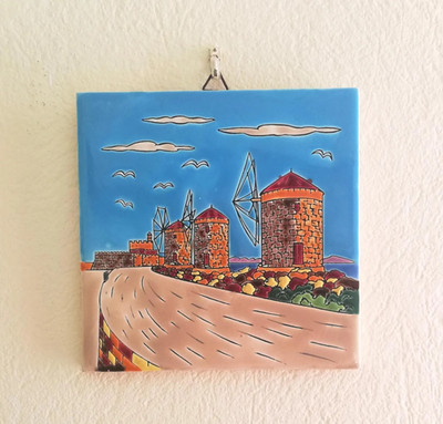 Rhodes Windmills Greek Tile, Handmade Neofitou Keramik, Vintage Ceramic Folk Art