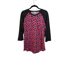 LuLaRoe XL Baseball Tee Shirt Black Red Butterfly Long Sleeve Knit Jersey Casual