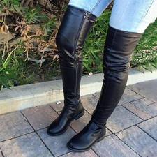 Womens Ladie Fashion Thigh High Boots Classic Flat Zip PU Over The Knee Boots