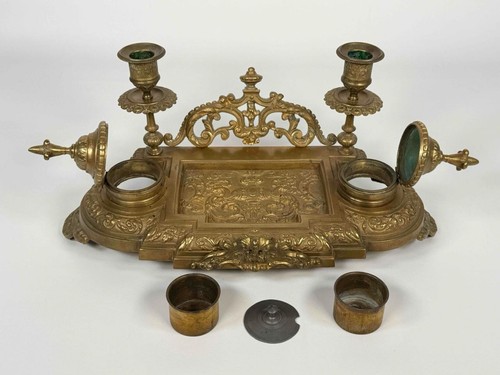 Antico calamaio da scrivania calamaio francese barocco vittoriano bronzo ottone - Foto 7 di 17