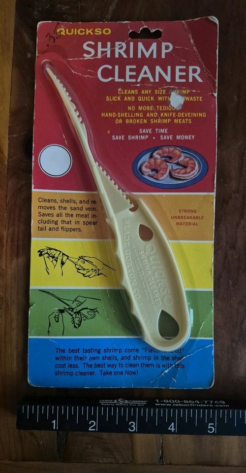 A quirky single-purpose vintage gadget that deveins and peels shrimp in one motion — a genuine retro kitchen curiosity.