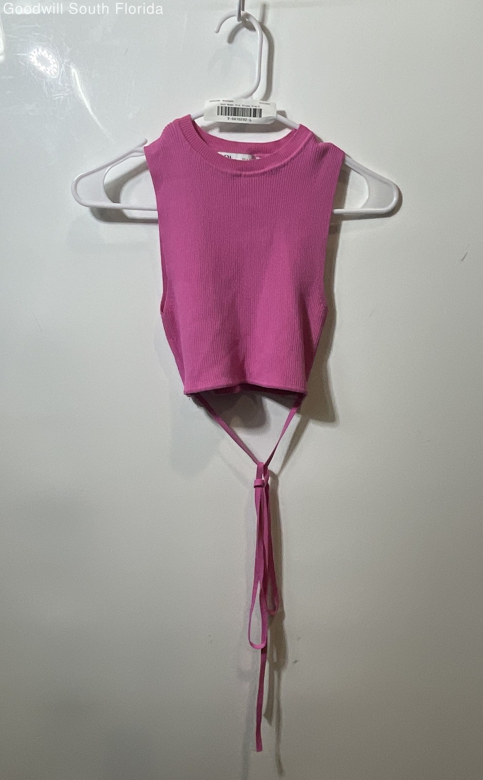 Zara Womens Pink Ribbed Sleeveless Crew Neck Tie Wrap Cropped Blouse Top Size S