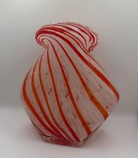 Hand Blown Art Glass Vase Orange White Swirl MCM Heavy 9.5" Murano Style