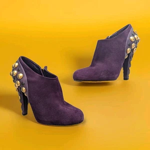 Gucci Babouska Bottines Talons Bottes Violet Daim Chaussures Cloutées Or 40 Taille 10