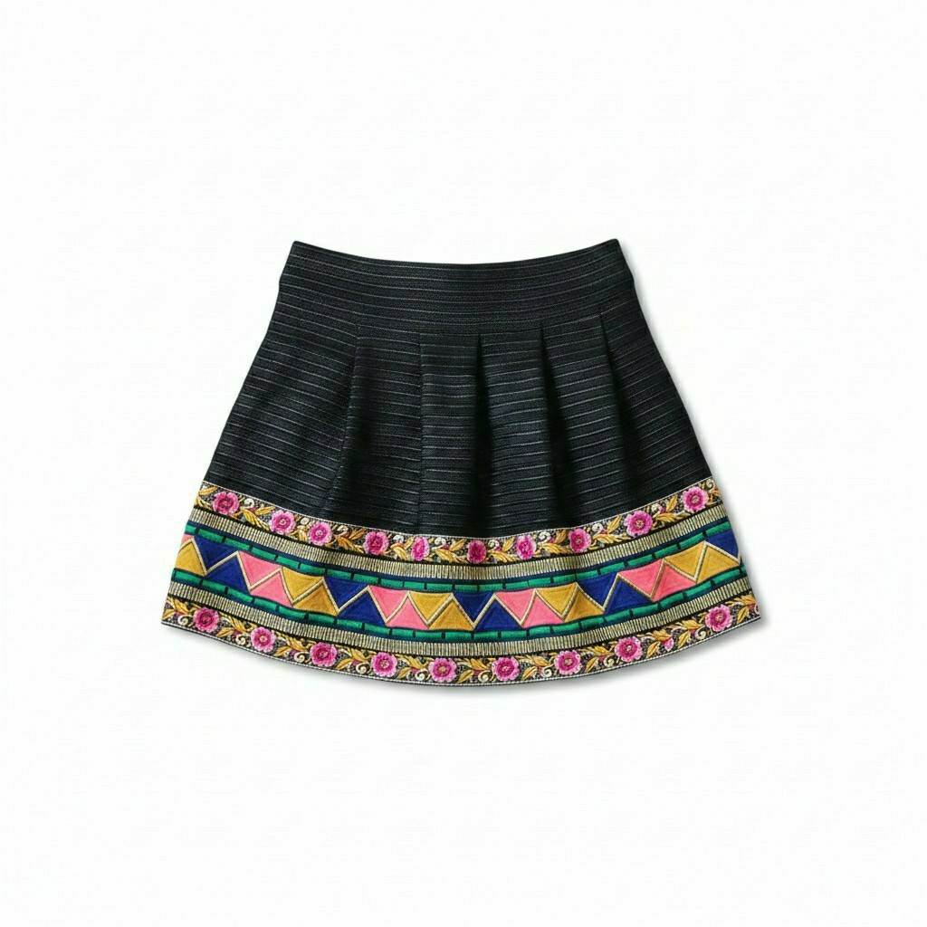 Minigonna Donna LM LULU M Nera Plissettata Bordo Ricamato Etnico Folk Boho Chic