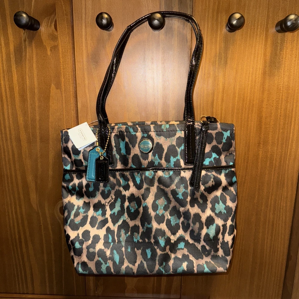 Coach Signature Stripe Ocelot Print Tote Teal F25282 New