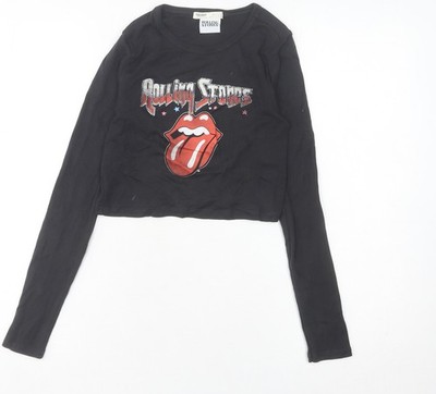 Pull & Bear Damen T-Shirt schwarz Rolling Stones Cropped Langarm Gr. S