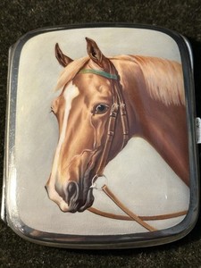 Antique European 935 Silver Cigarette Case, Enameled Horse Front Panel 1920 ca