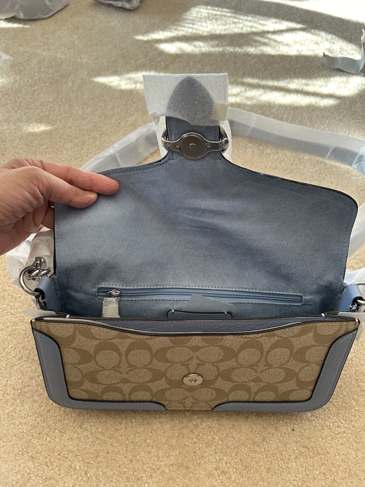 Borsa a tracolla firmata Georgie C4067 COACH SV cachi leggero marmo blu nuova