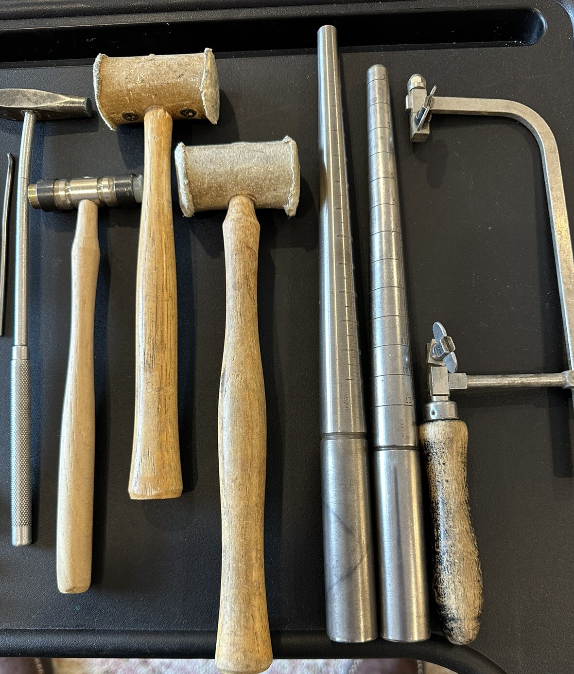 Vintage / Used Jewelers Tools. Ring mandrels. Saw frame. Mallets