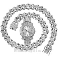HIP HOP SILVER PLATED LUXURY RAPPER STYLE WATCH ICED CUBAN CHAIN NECKLACE SET