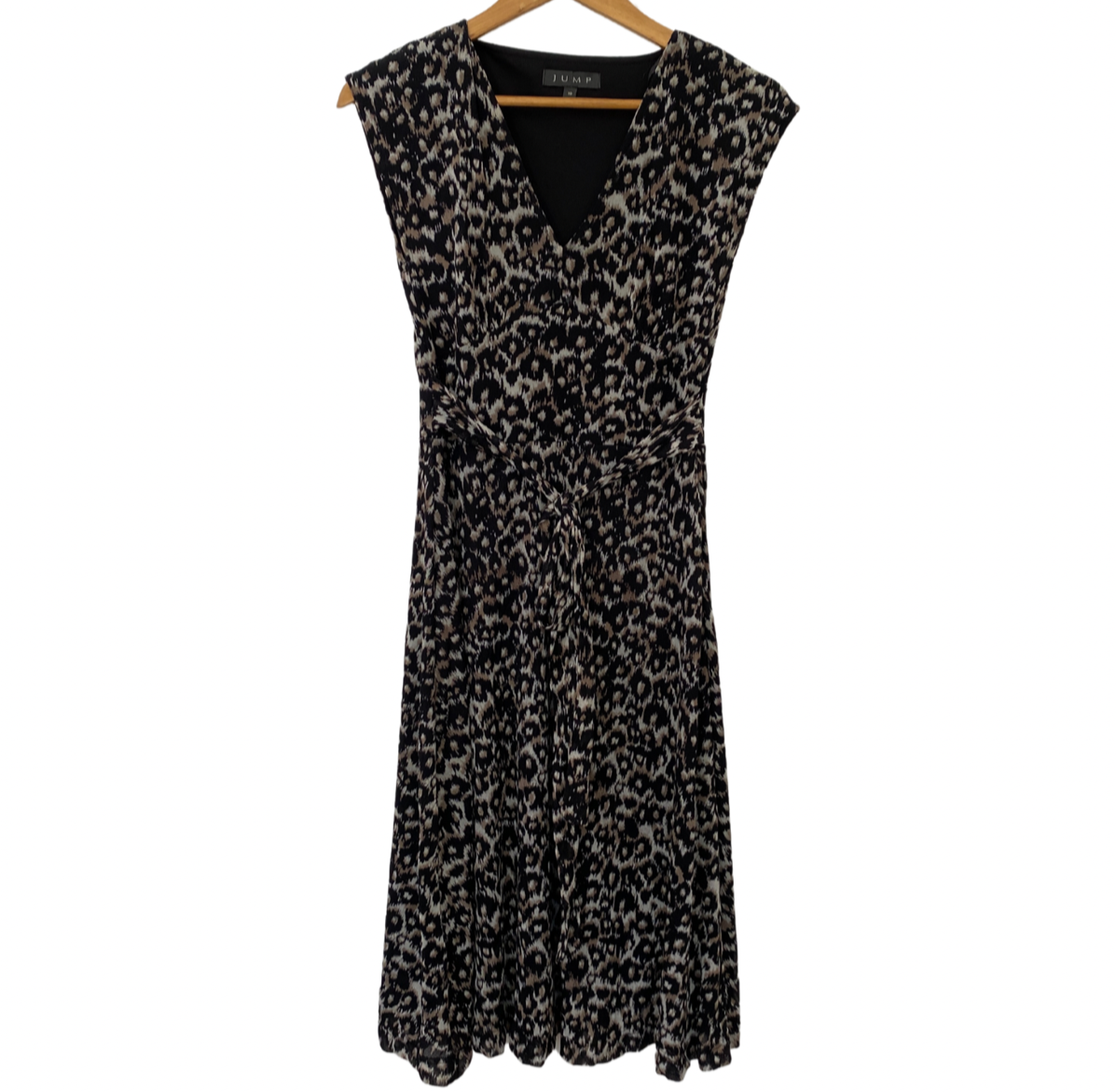 JUMP Midi Dress with V-Neck Waist Tie Cap Sleeve in Animal Print