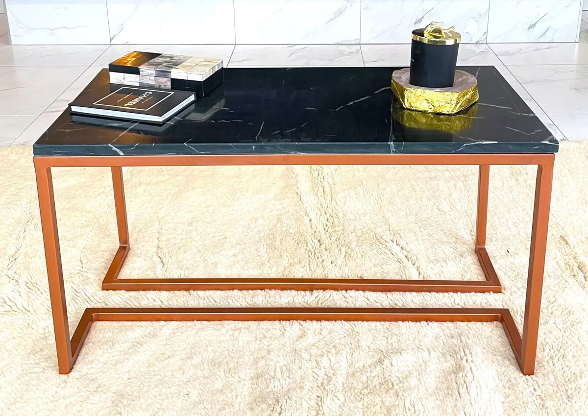 Genuine Black Marble Coffee Table with Bronze Legs Contemp Designer Luxury