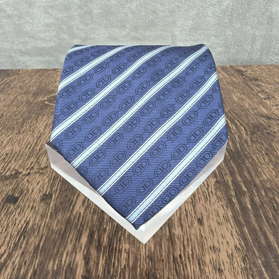 Celine Neck Tie 100% Silk Blue Striped Chain Designer Italian Quality Corpcore - Image 4 of 4