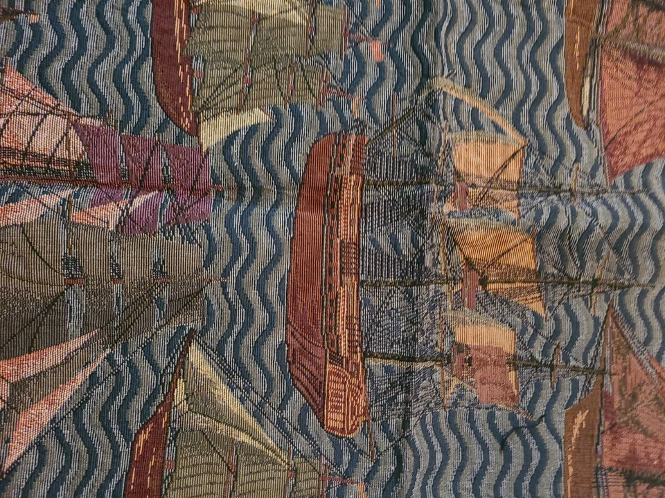 Vntg 挂毯材料织物 - 帆船图案 - 24 英寸 x 23 — 第 4/4 张图片