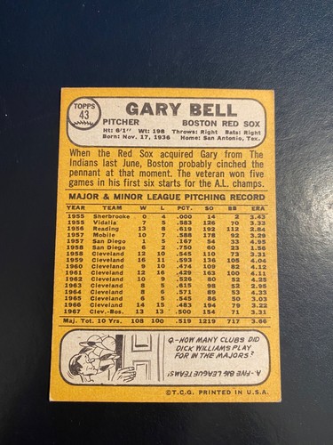 1968 TOPPS BASEBALL #43 GARY BELL!! $1 SHIPPING!! - Picture 2 of 2