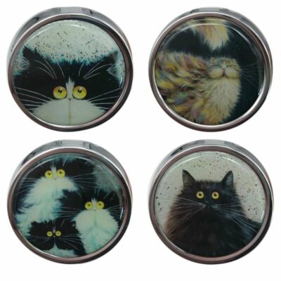 Katzen Pillendose mit Spiegel - 3 Fächer Tabletten Aufbewahrungsdose Medizin Etui      