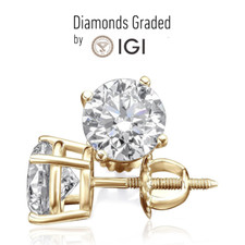 IGI Certified 2.51 Carat D VVS2 Lab Grown Diamond Stud Earrings 18K Yellow Gold